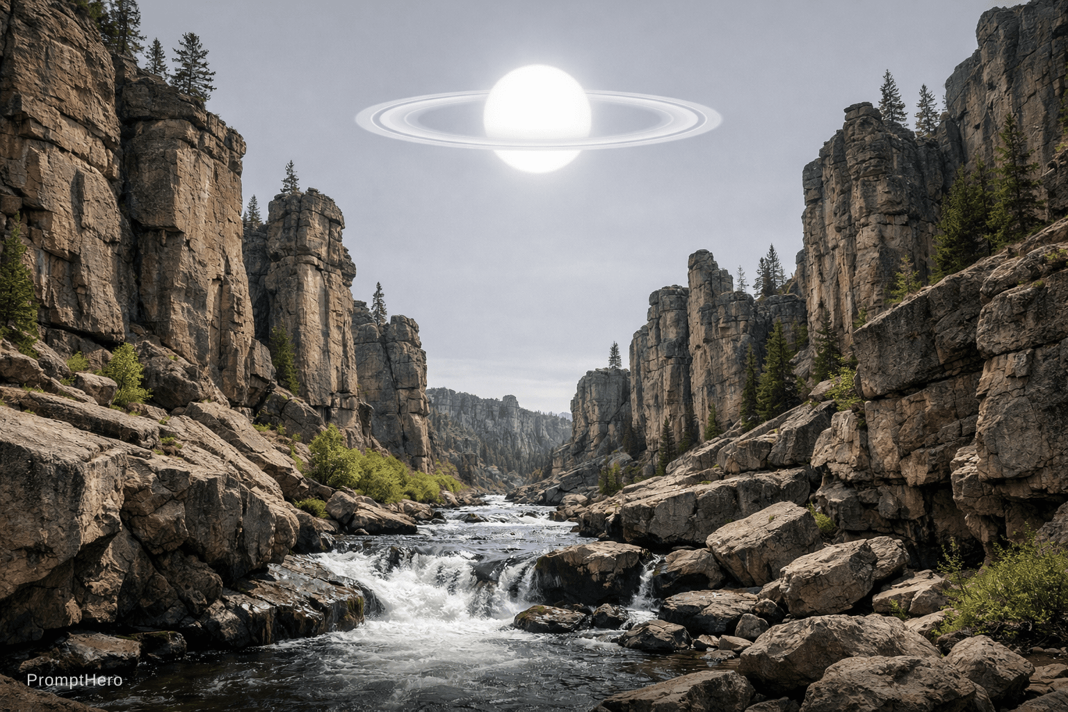 AI generated: a scenic landscape of pillared rocks and river running through them but the sky has a more grey colo...