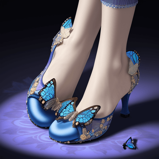 AI generated: Slipper design, baroque style with butterflies encrusted with bright blue stained glass diamonds, in...