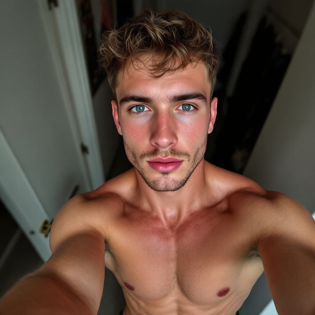 AI generated: 18 year old male, selfie, shot from above, Caucasian, short brown hair, muscular, erect penis, large...