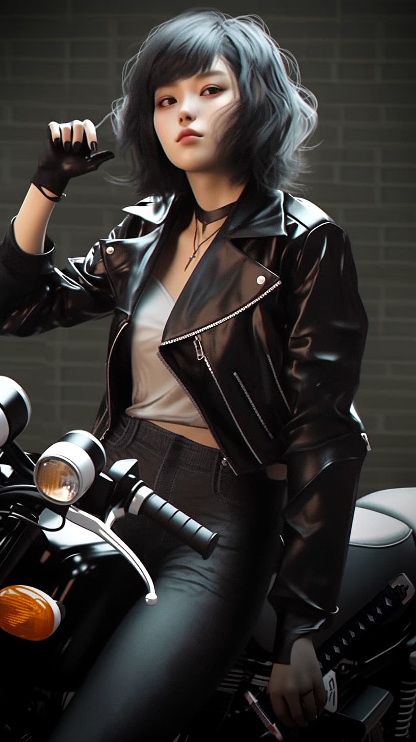 AI generated: Pretty Japanese lady in a black leather jacket on a motorcycle with katana, hyperrealism, photoreali...