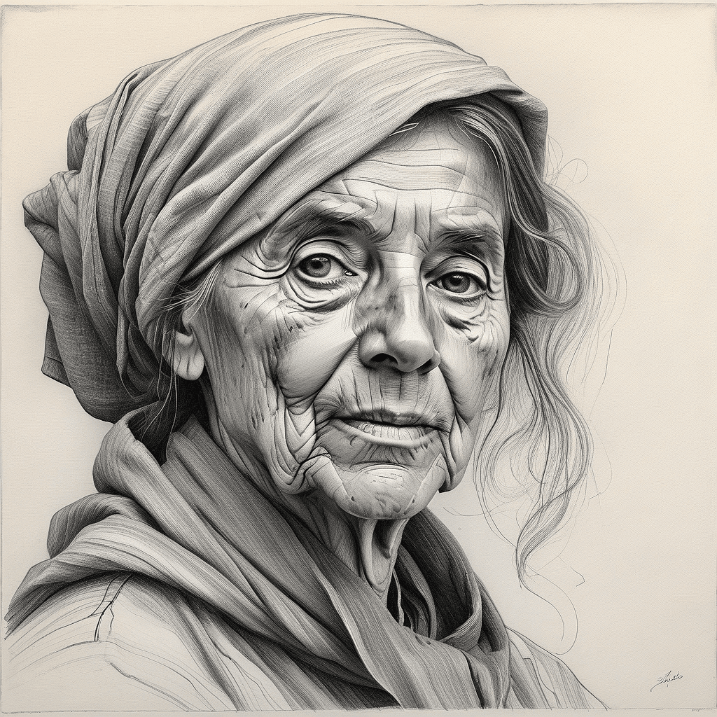 AI generated: Pencil sketch drawing of an old woman. Wise and went through the test of time. Inspired by the work ...