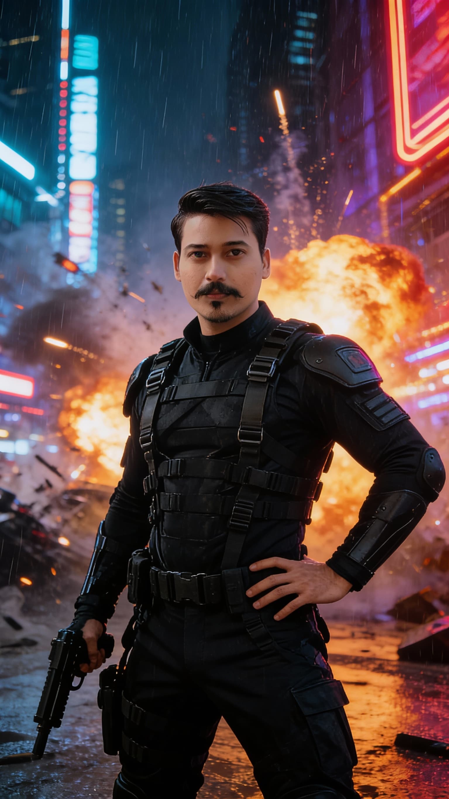 AI generated: Most action cinematic outfit background full portrait change in a ow some look best action hero 