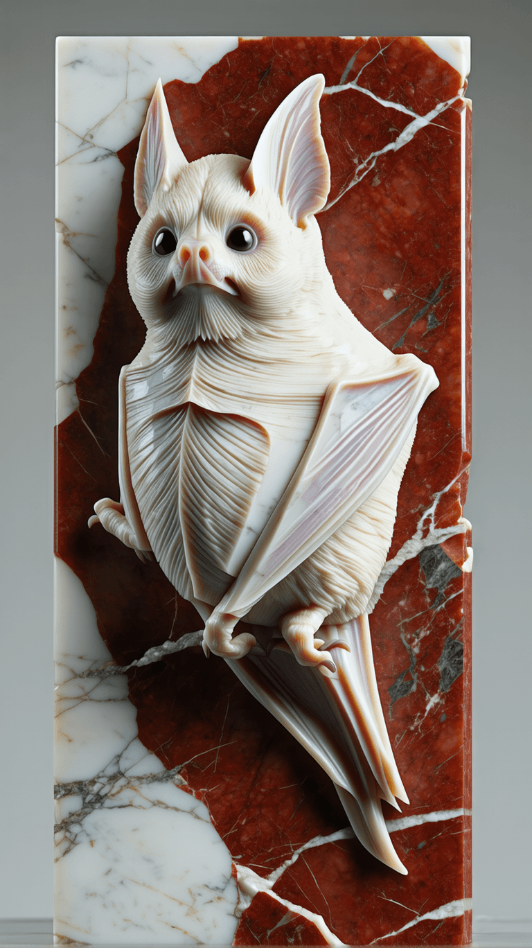 AI generated: Macroview of a marble bat sculpture,red and white colors,in style of Michelangelo,Edward munch,16K.