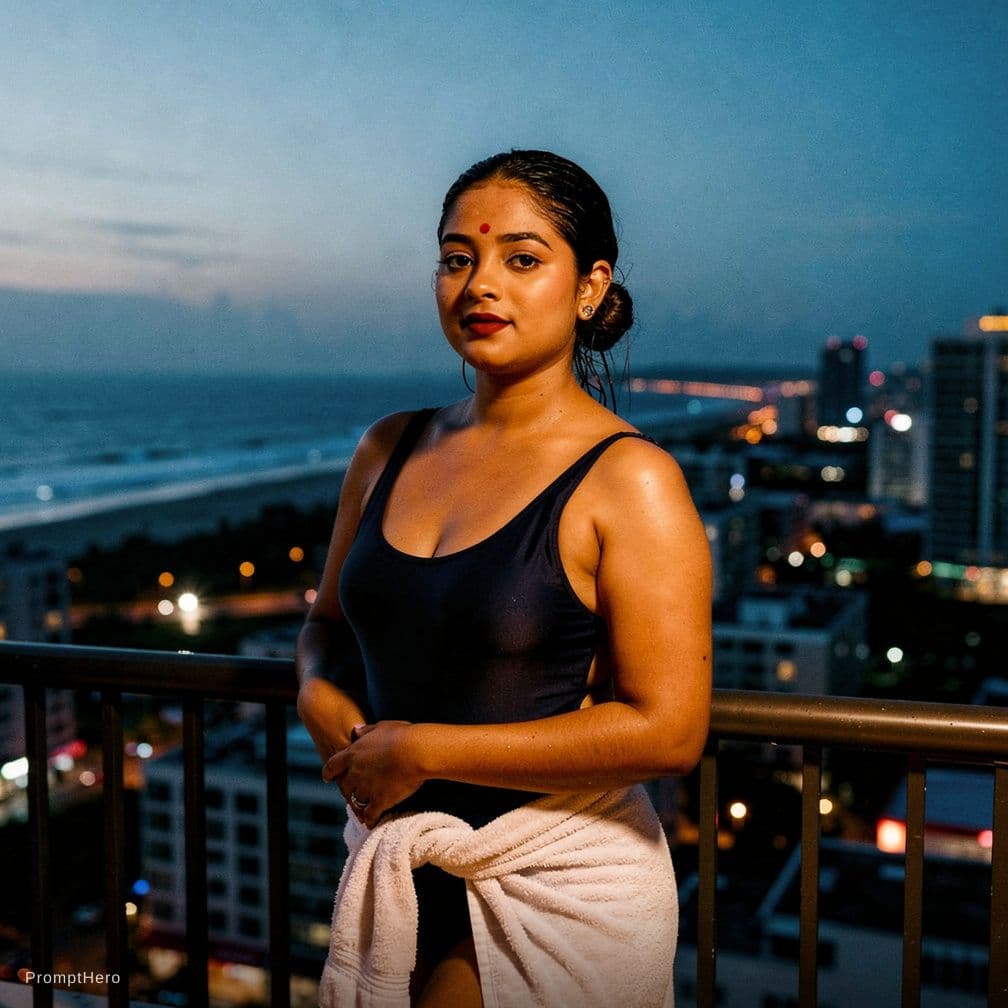 AI generated: A documentary style photograph of a young female on a high balcony just after swimming. Her long dar...