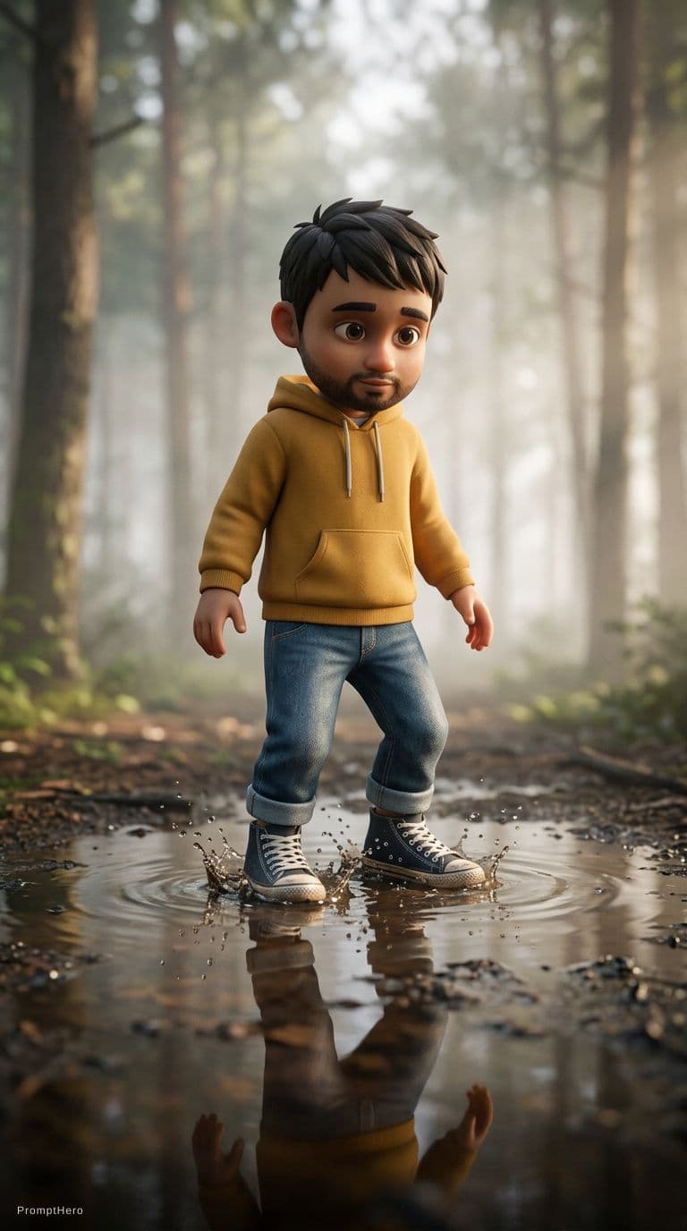 AI generated: Cute stylized 3D little boy standing in a shallow muddy puddle in a misty forest, close-up on boots ...