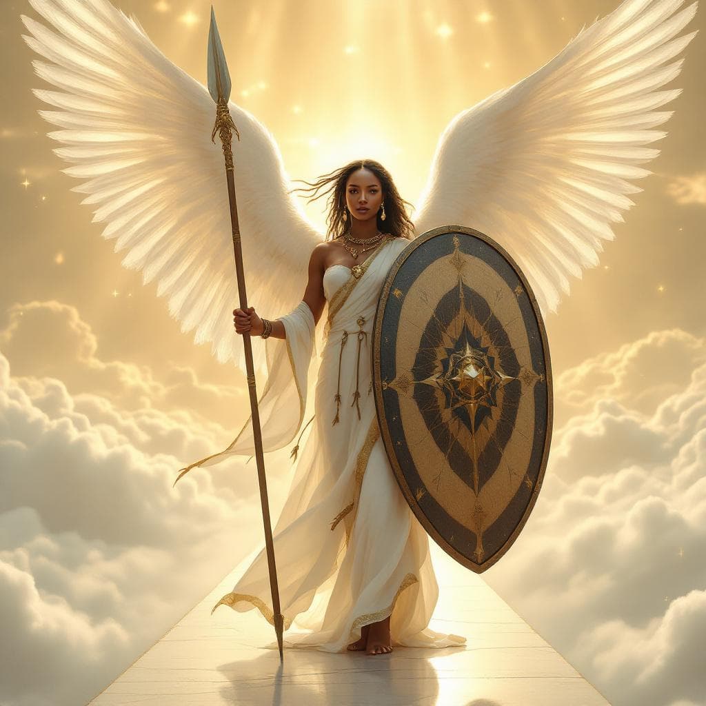 AI generated: "A powerful, radiant African female angel with glowing white wings stands boldly on a grand, reflect...
