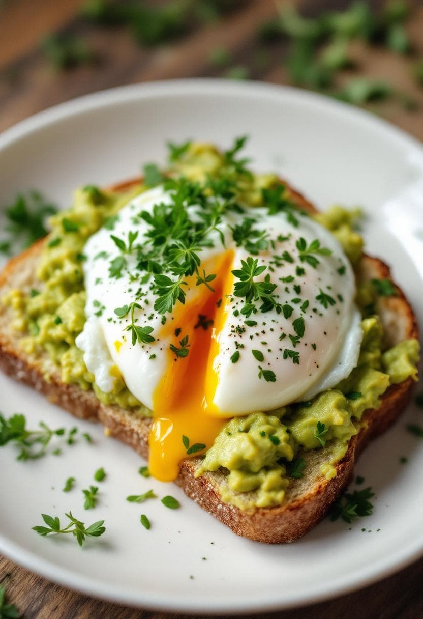 AI generated: gourmet avocado toast on sourdough with poached egg, sprinkled with fresh microgreens, minimalist wh...
