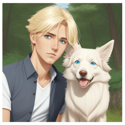 AI generated: man, blond hair, short, blue eyes, white shirt, with dog, border collie, dark brown, golden eyes, ca...
