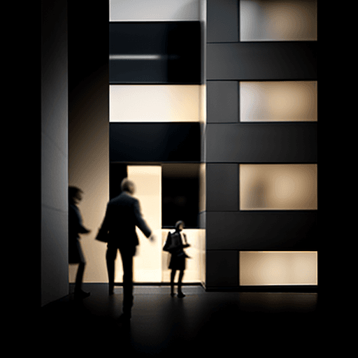 AI generated: photography, eye-level, front view, a contemporary urban building facade during twilight with pedest...