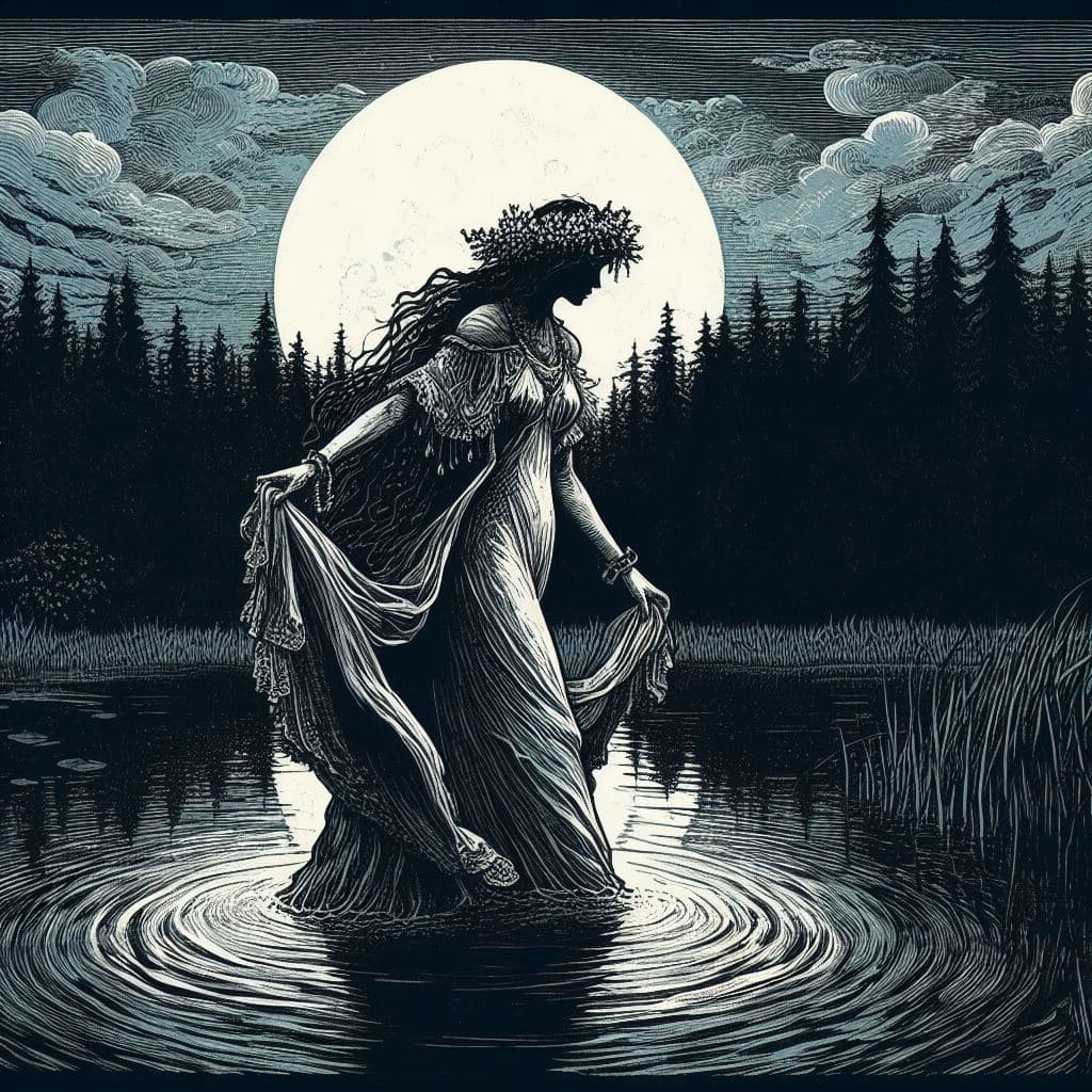 AI generated: woodcut in the style of Ilya Repin of a Rusalka rising from a pond at night in the moonlight, beauti...