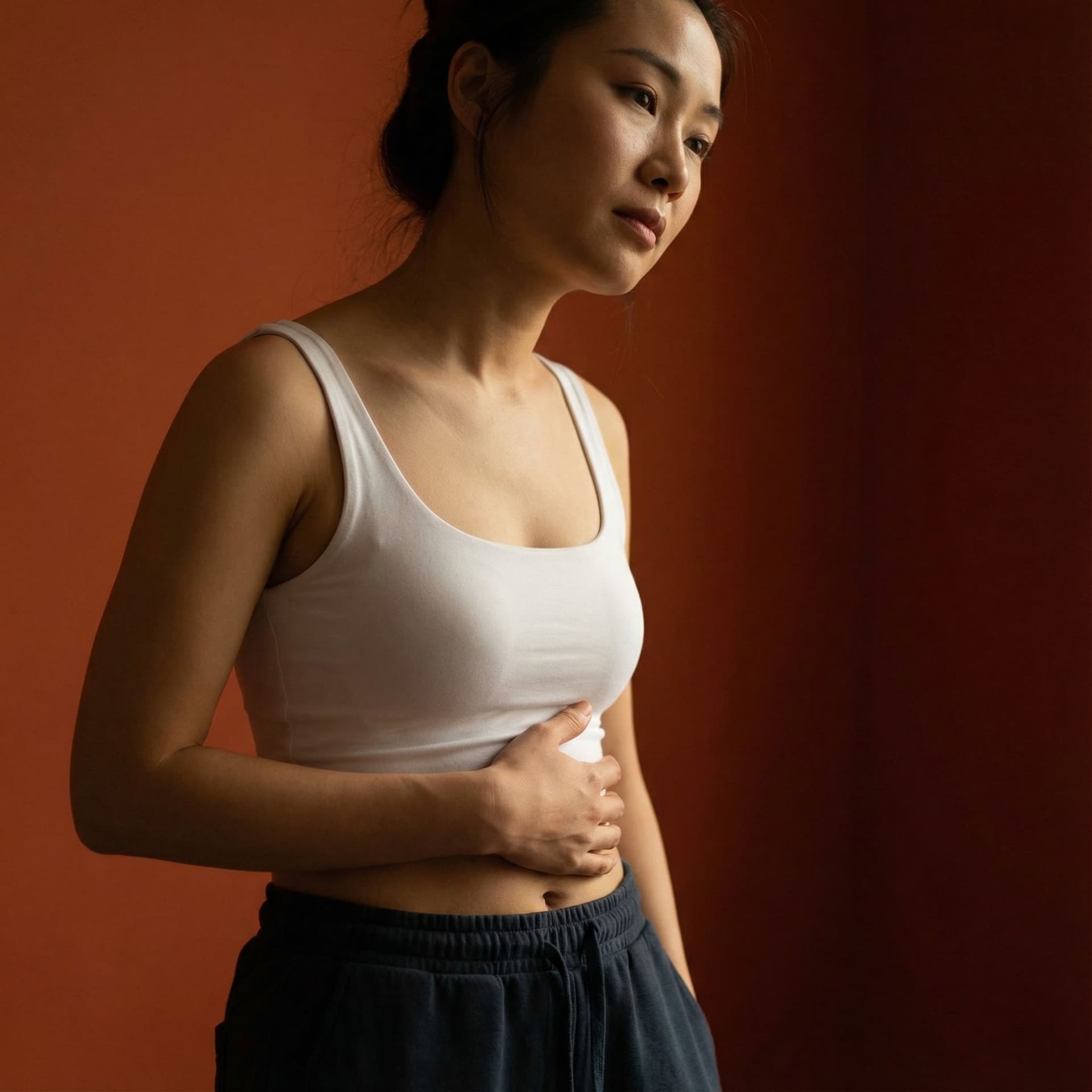 AI generated: An Asian woman looking concerned about her slightly chubby stomach, healthy and realistic body shape...
