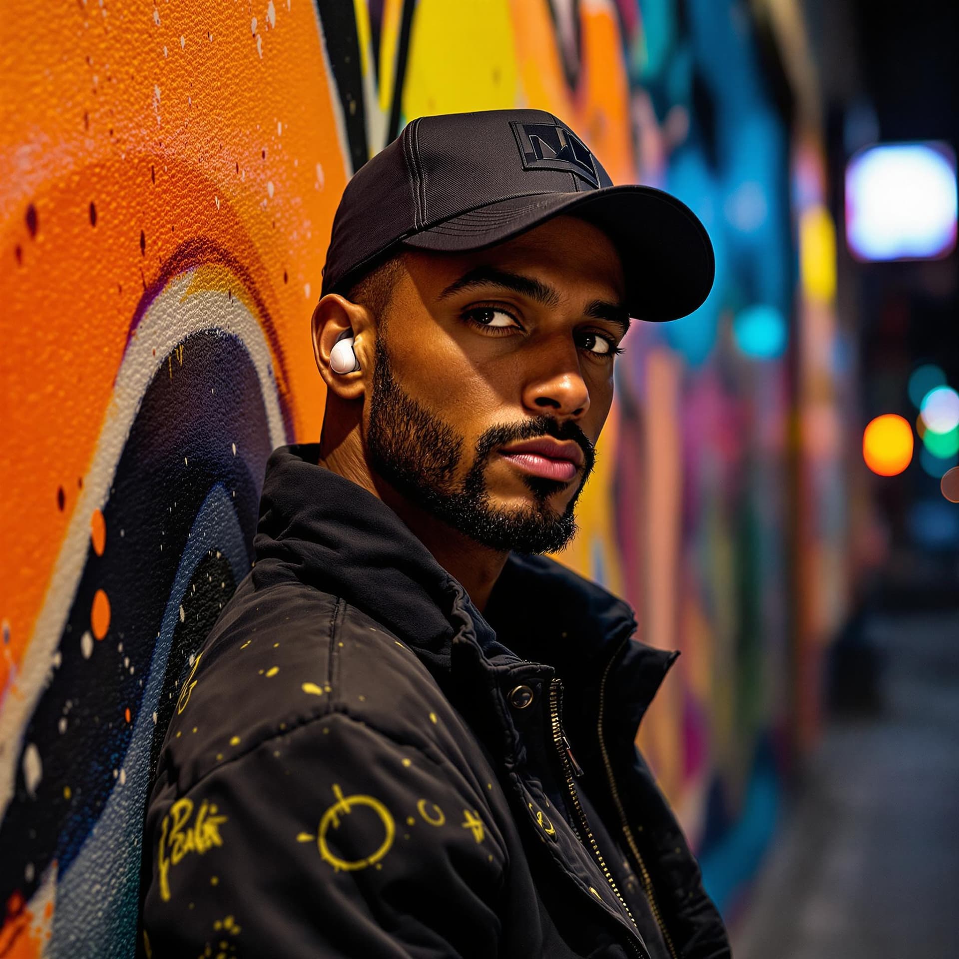 AI generated: Cinematic portrait of a confident man wearing a black baseball cap and a stylish urban jacket, with ...