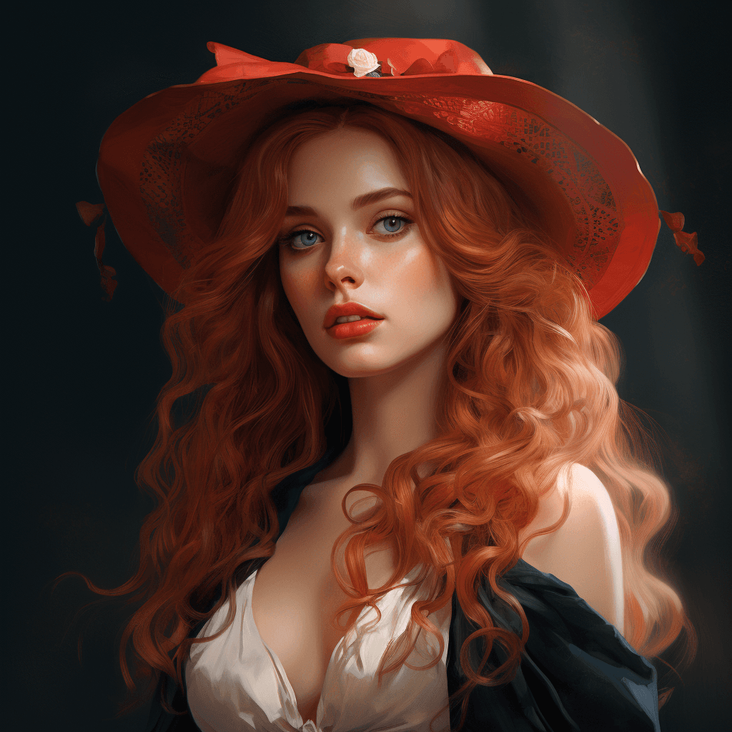 AI generated: a woman with red hair wearing a red hat, cinematic cgsociety, corsets, lydia, porcelain, charli bowa...