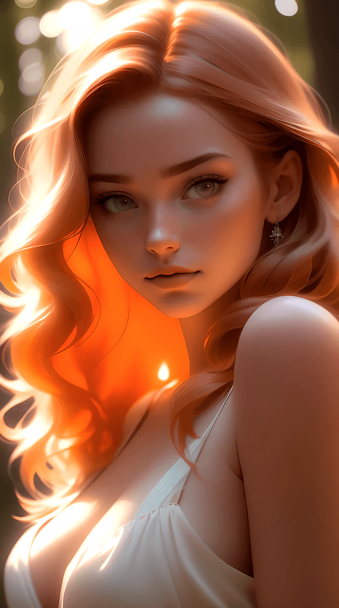 AI generated: Close up of an european woman with wavy ginger hair, summer forest background, sexy off-shoulder sum...