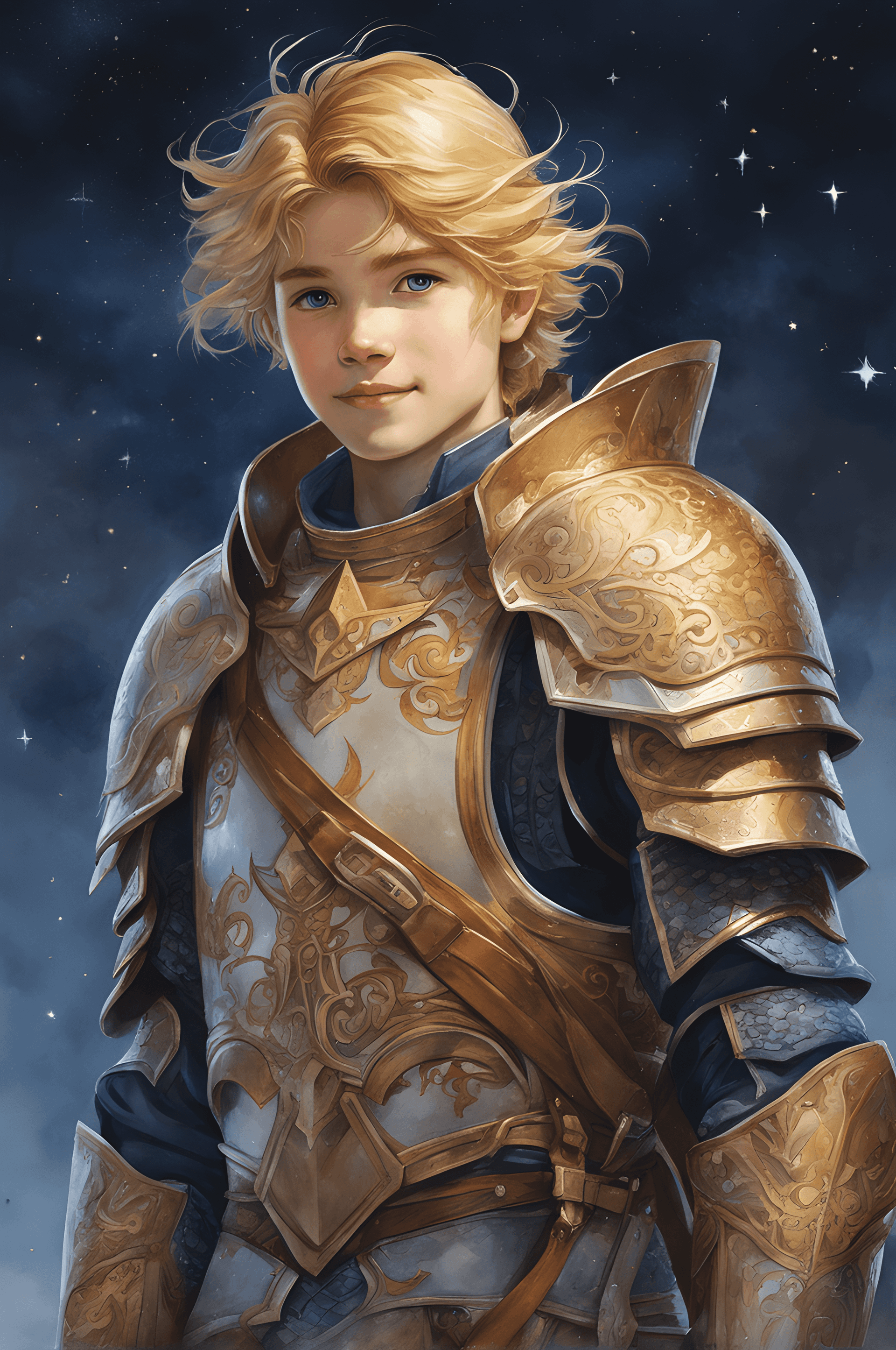 AI generated: ((masterpiece,best quality,highest quality,illustration,intricate details)),1boy,smile, armor,golden...