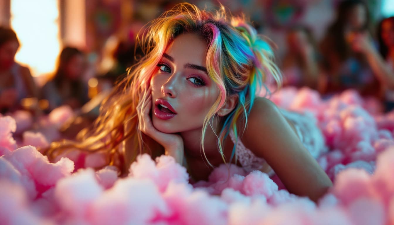 AI generated: A 19 yr old fashion model with multicolored rainbow hair, fair skin, and a subtle smile gazes direct...