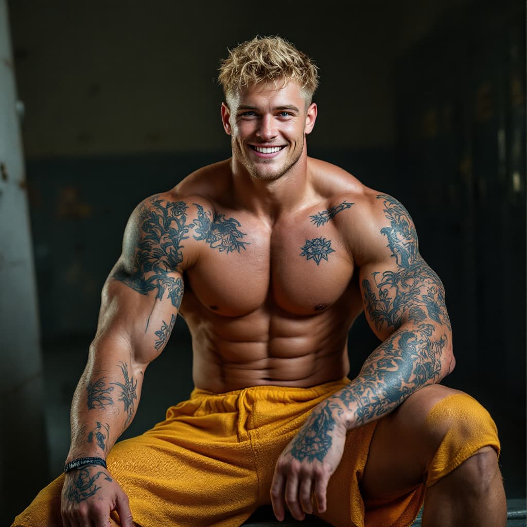 AI generated: Locker room, tall college football player, short blond hair, blue eyes, muscles, yellow mesh knee le...