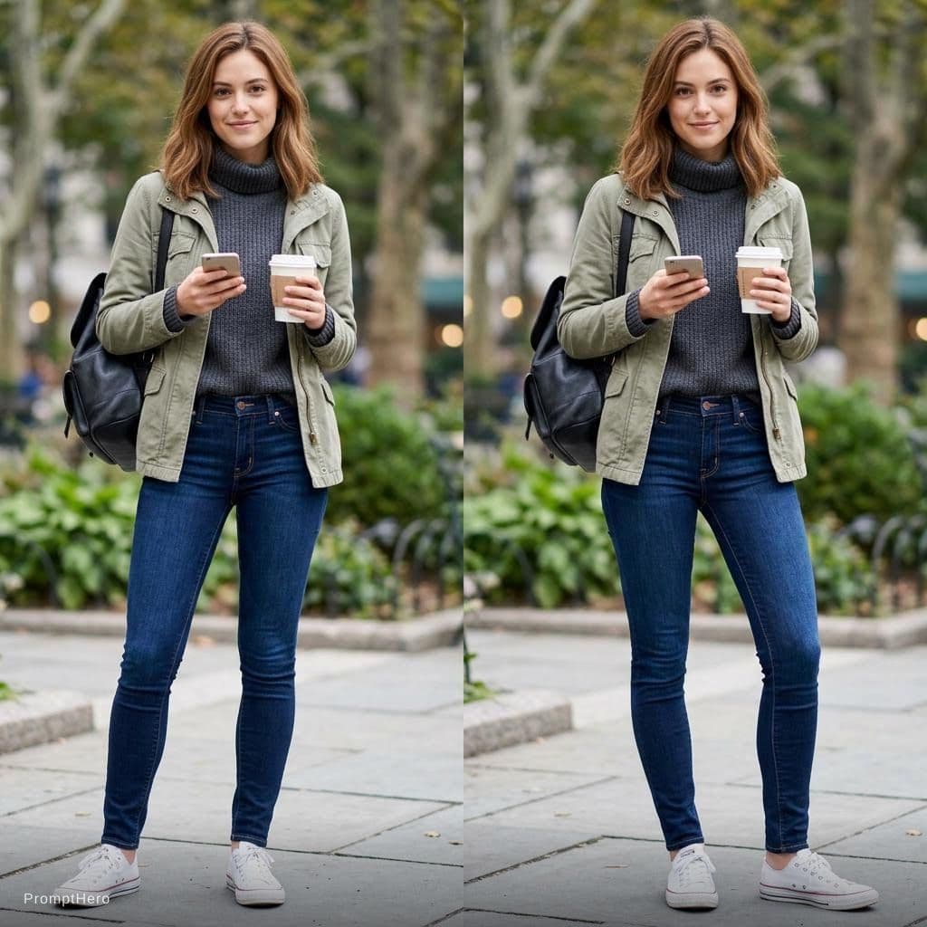 AI generated: change to super tight skinny jeans, make the jeans dark blue, keep face unaltered, do not alter her ...