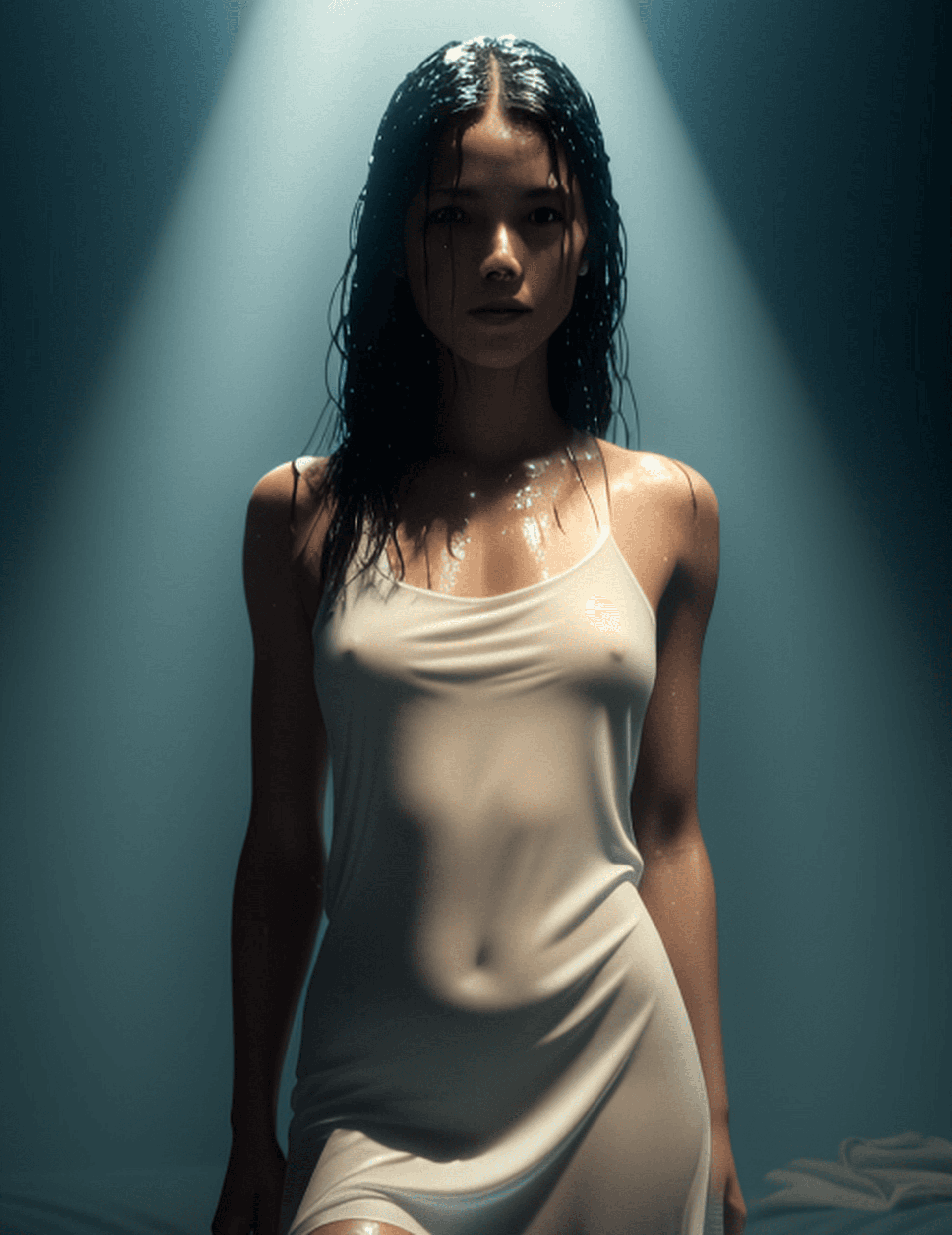 AI generated: ultra realistic dark and moody photograph of a woman in a wet white nightgown, soaked skin, soaked d...
