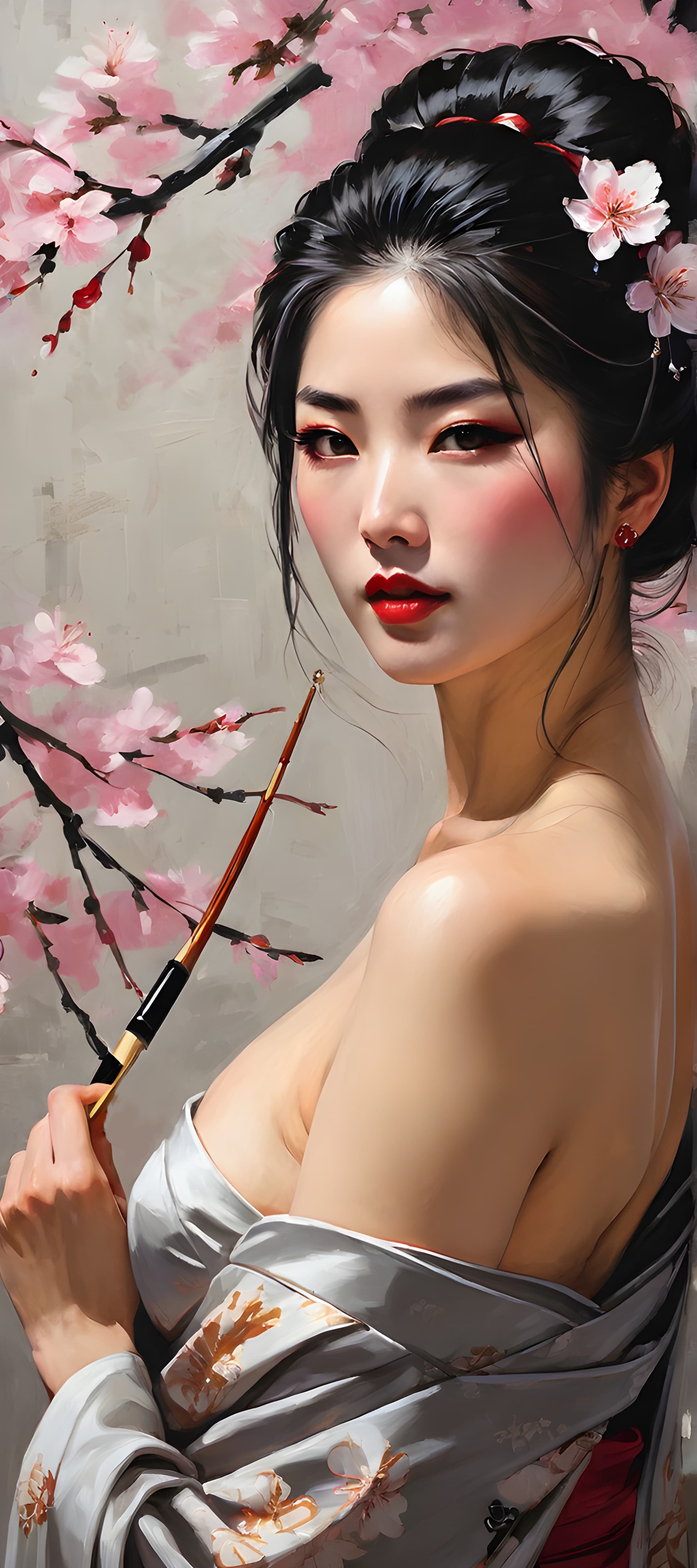 AI generated: (Masterpiece 1:1) art in the style of Fabian Perez and Larry Bud Melman. ethereal geisha, elegant, b...