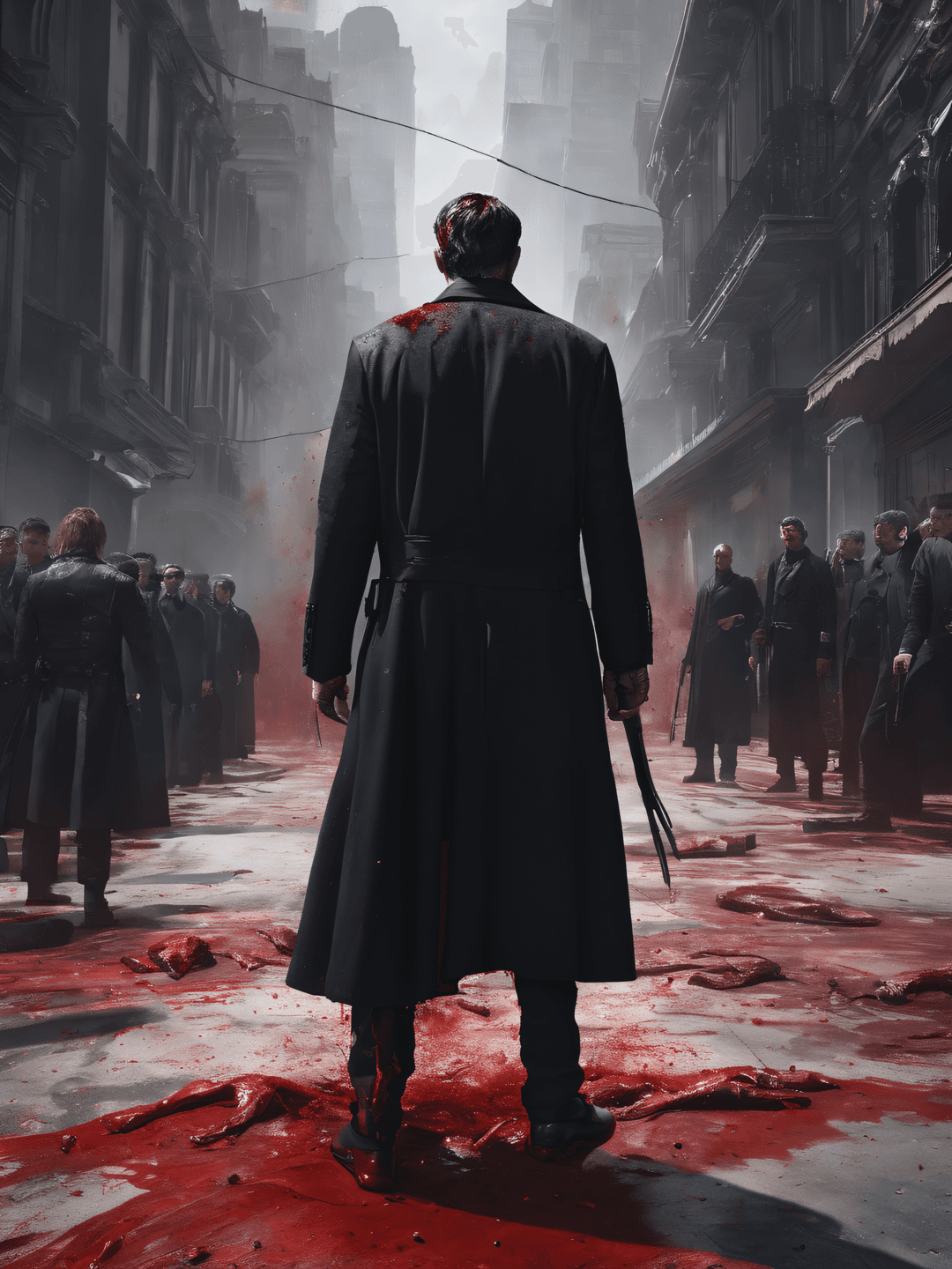 AI generated: Masterpiece,Best Quality The man in black is covered in blood . 8k, UHD, HDR