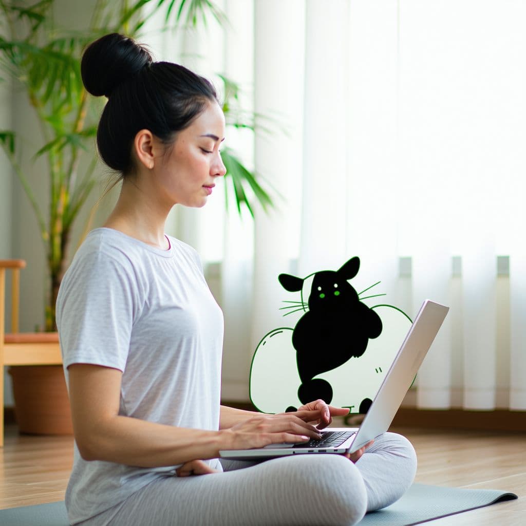 AI generated: woman looking laptop practice yoga Cat Cow pose online course at home to meditation comfortable and ...