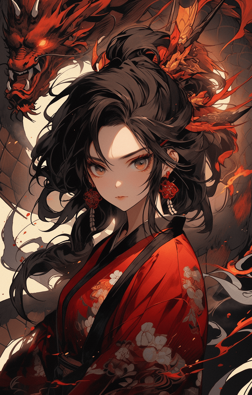 AI generated: an illustration showing an asian lady wearing black and red clothing in front of flames, in the styl...