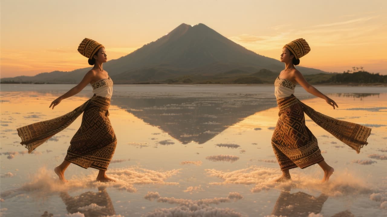 AI generated: a lone Gandrung dancer gliding across the shimmering salt flats at sunset with her kipas, mirrored r...