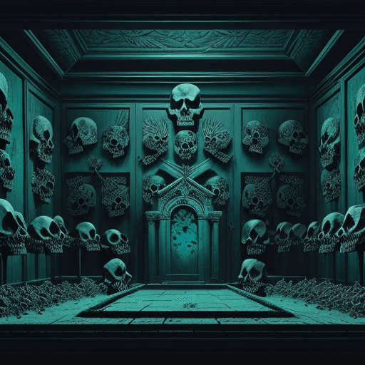 AI generated: wall of angry skulls and crows in a mausoleum, ossuary, woodcut style, death metal art, vangoga, cya...
