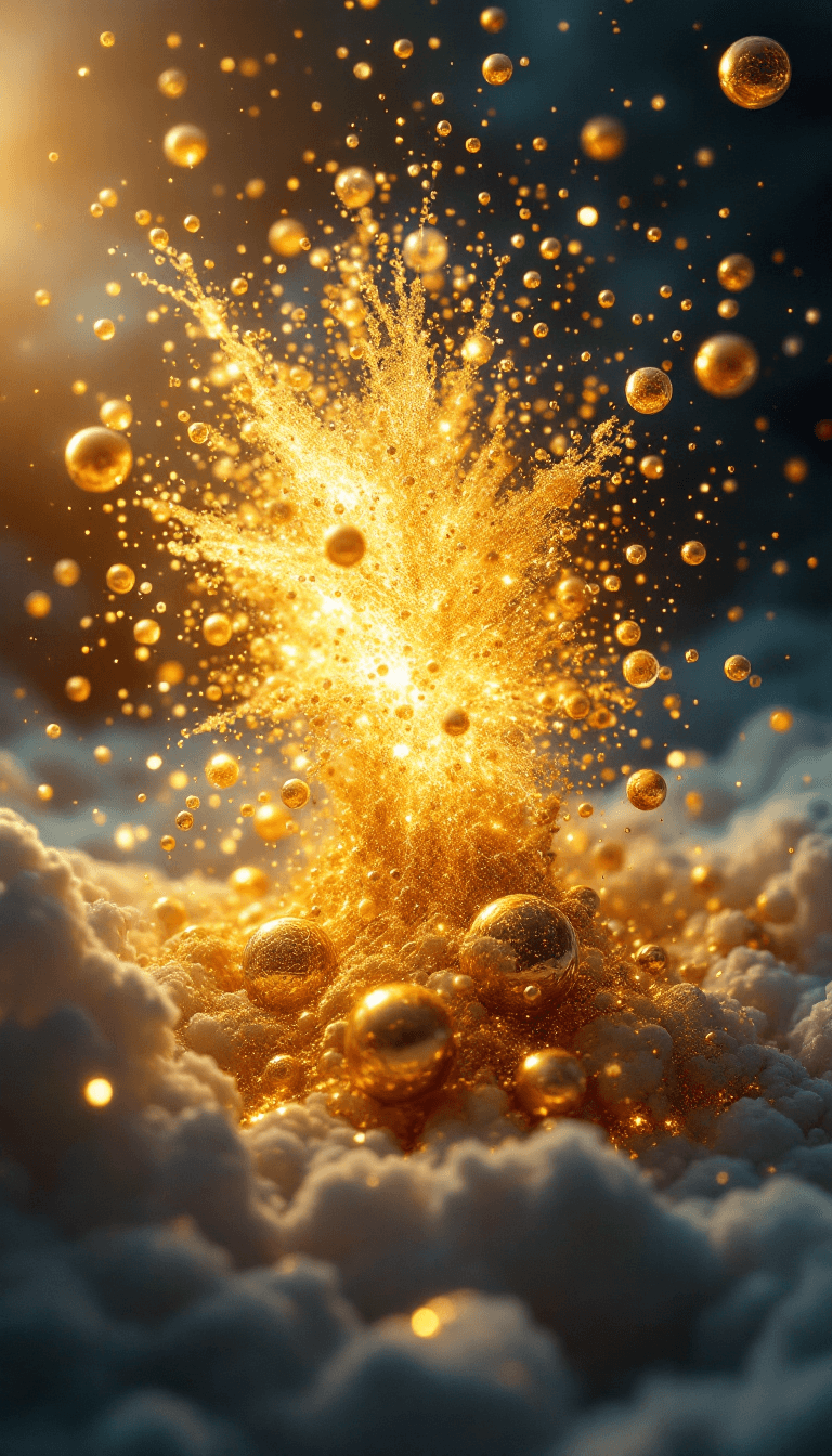 AI generated: A breathtaking macro shot of golden spheres erupting from a radiant explosion, scattering into the a...