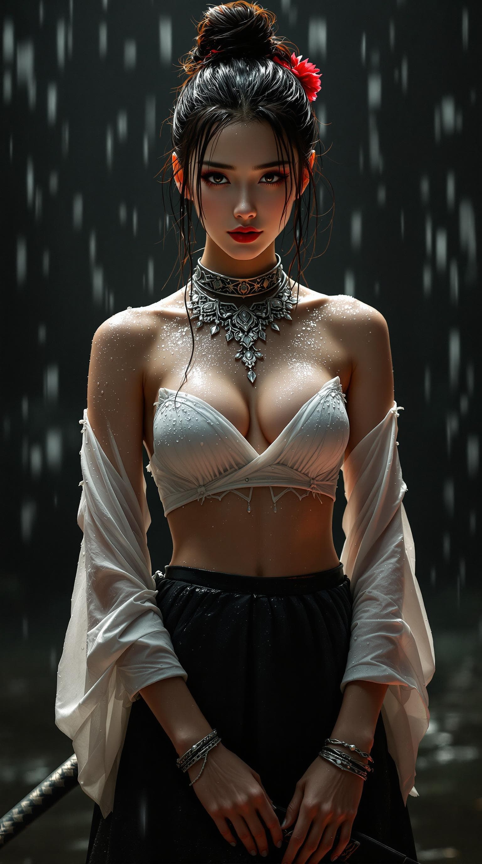 AI generated: Full body view of a young beautiful Asian woman, in her twenties, hair tied in a tight bun, adorned ...