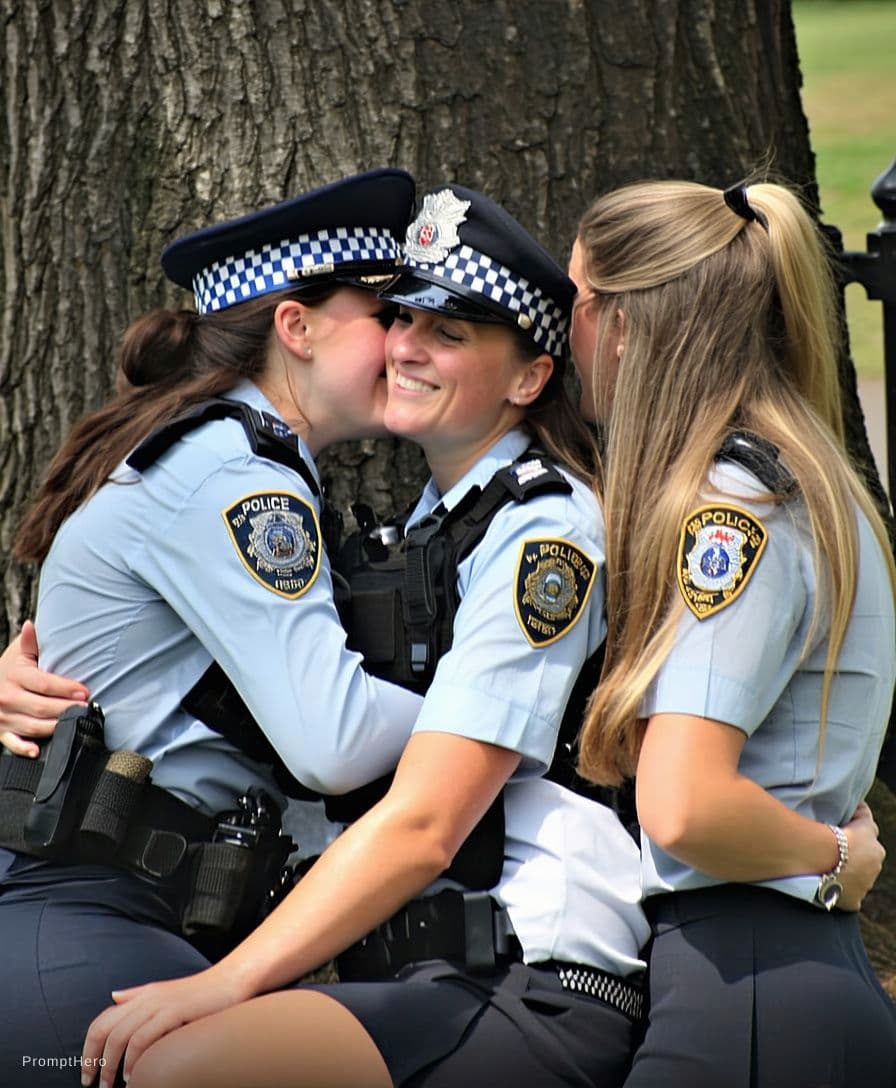 AI generated: british wpc police women hugging on park bench