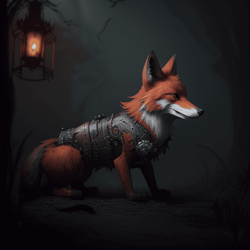 AI generated: A steampunk red lush fox,in the distance, ATMOSPHERIC GOTHIC HORROR , Midjourney style, Lovecraftian...