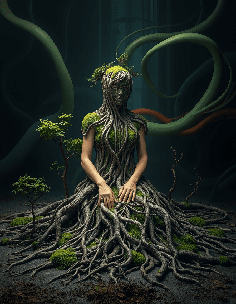 AI generated: In a roots style, the image features a person adorned in a dress crafted from intertwining tree root...