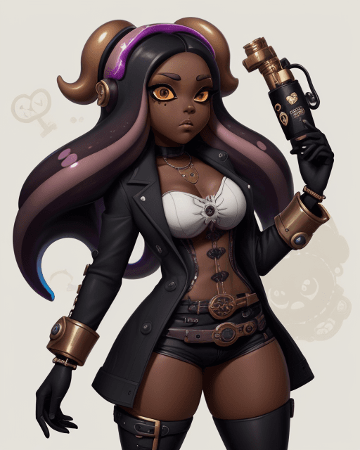 AI generated: splatoon, octoling, dark skin, steampunk, coat, thick thighs, goddess, long hair, black, spider moti...