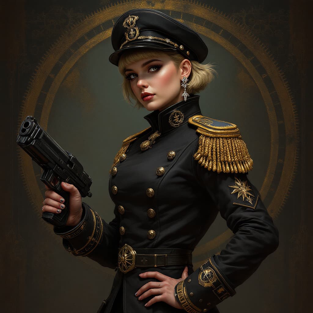 AI generated: full body, Portrait of a Evanna Lynch in warhammer 40k comissar tunic, short hair, dieselpunk, arist...