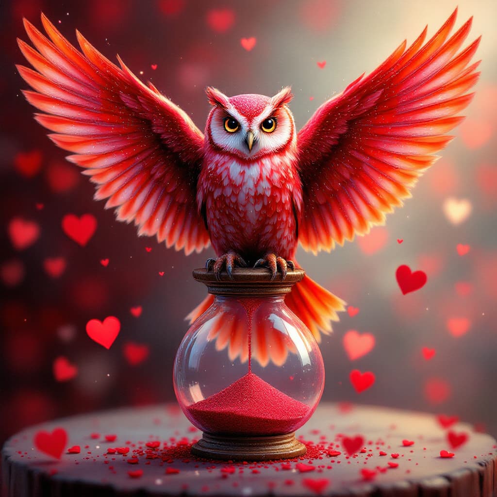 AI generated: a shimmering, sparkling, airbrushed oil painting of an iridescent red owl with wings spread wide ope...