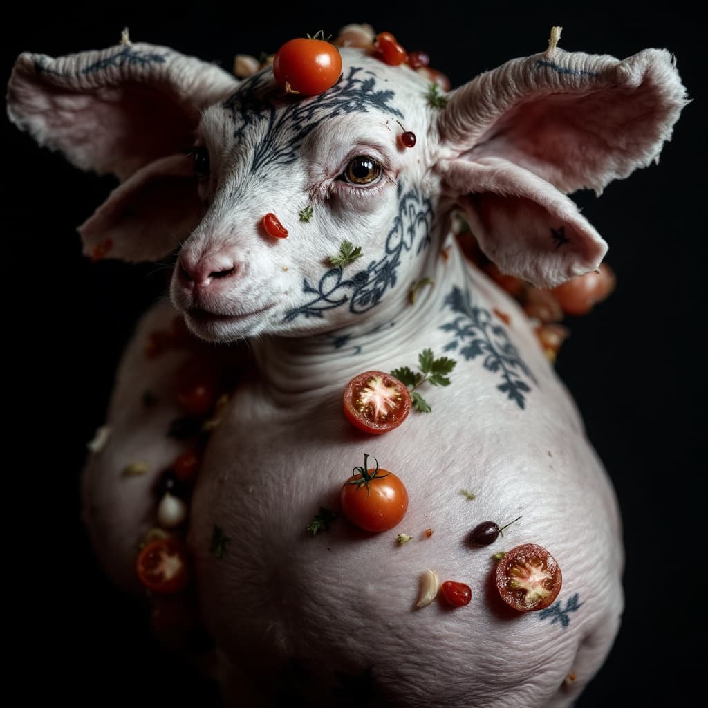 AI generated: photo close up, studio portrait, hairless, shaved, no hair , bald shaved big fat lamb tattooed thin ...