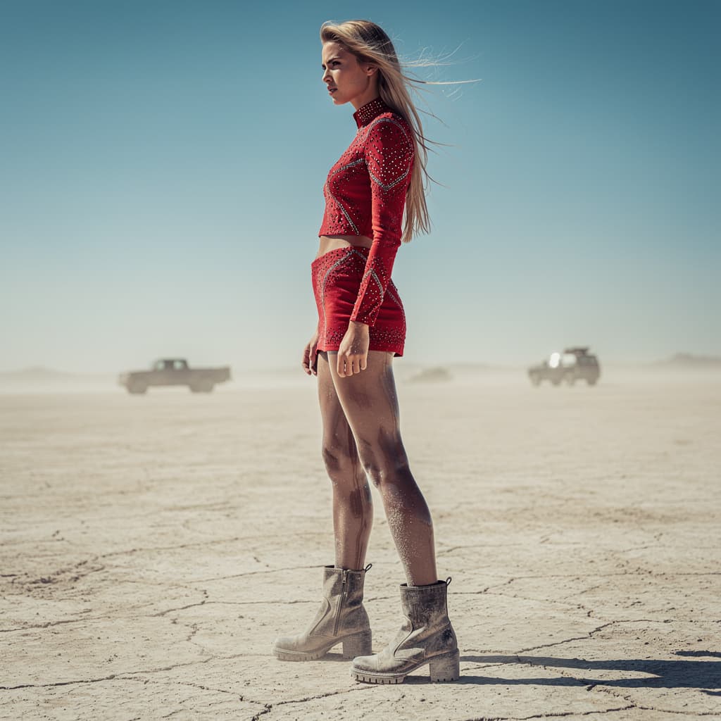 AI generated: Create an image that conveys a feeling of edgy fashion and otherworldly beauty in a stark,sun-drench...
