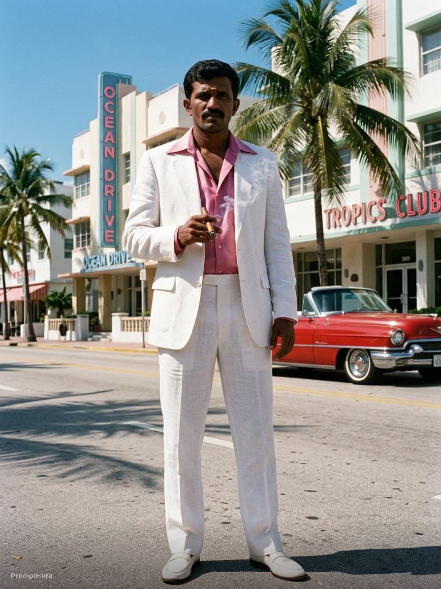 AI generated: Full-body illustration of Al Pacino in a stylized 1980s Miami setting. He's wearing a pink wide-coll...