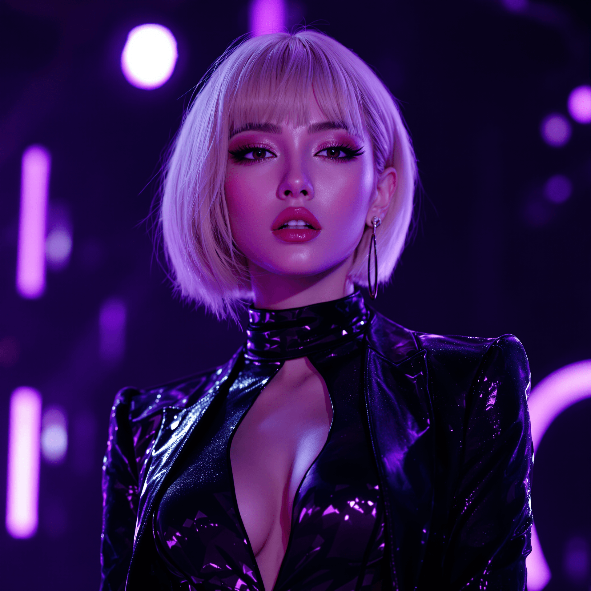 AI generated: A charismatic K-pop idol named Nana with short blonde hair, wearing a sleek black outfit with purple...