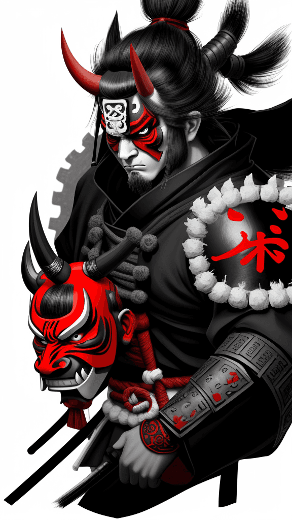 AI generated: black and white samurai with red oni mask background