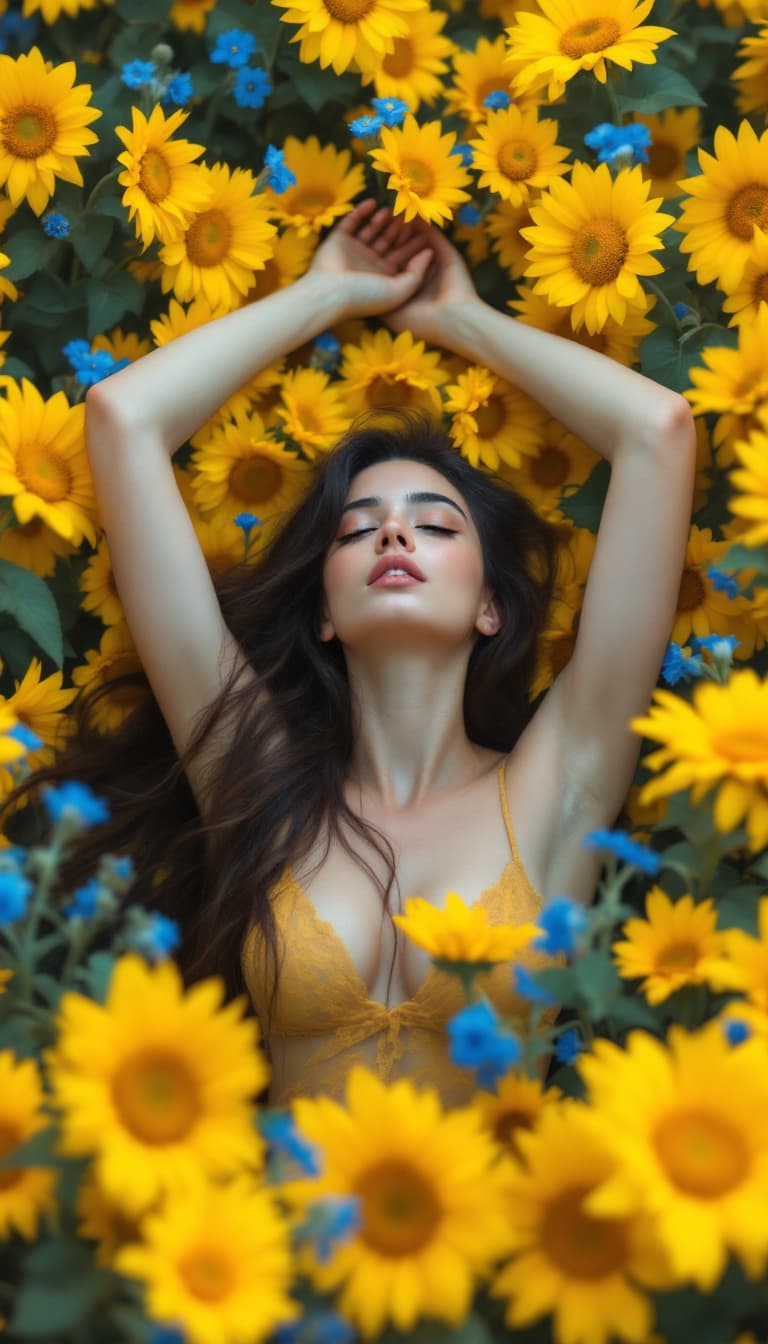 AI generated: A captivating photograph features a fair-skinned woman with long, dark hair cascading around her, po...