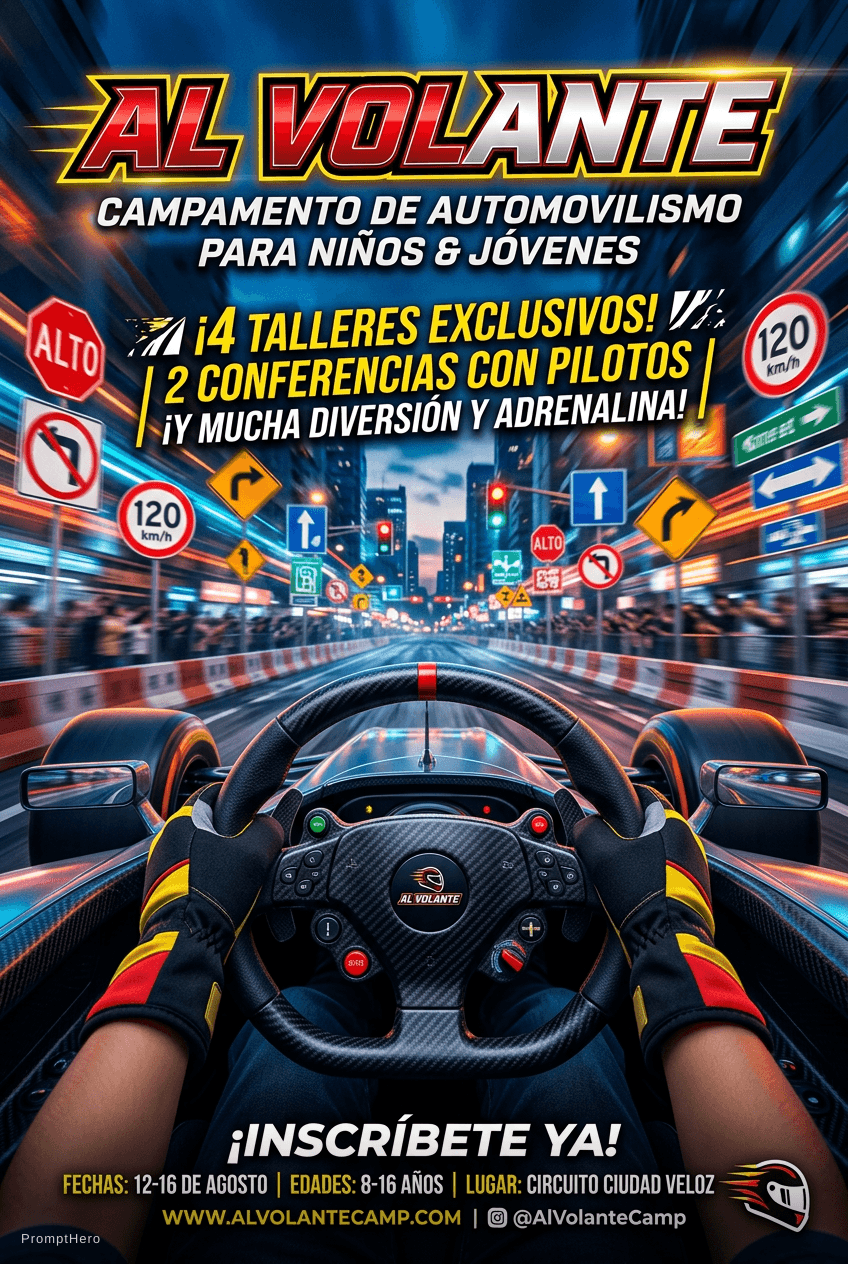 AI generated: A captivating flyer showcasing motorsports, offering: 4 Talleres 2 Conferencias y mucha diversión. T...
