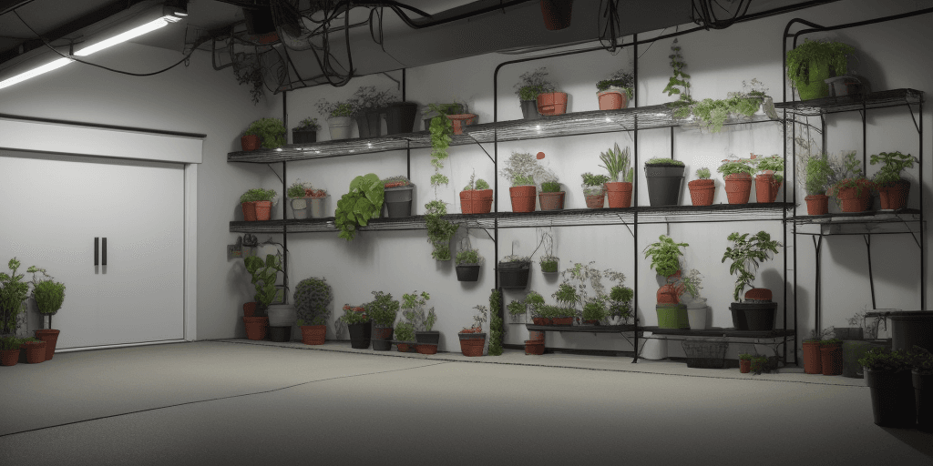 AI generated: image of a garage with plants grown on racks with small lights around