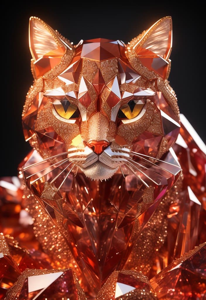 AI generated: a close up of a cat (made from a many red cristal fragmrnts:1.2), (crystal cubism:1.2), with orange ...