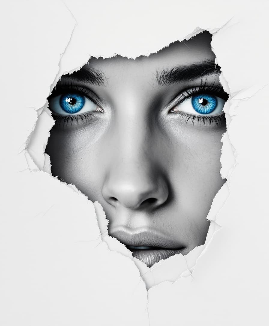 AI generated: Very realistic oil painting. White background of blue eyes peeking through torn paper, outlined by a...