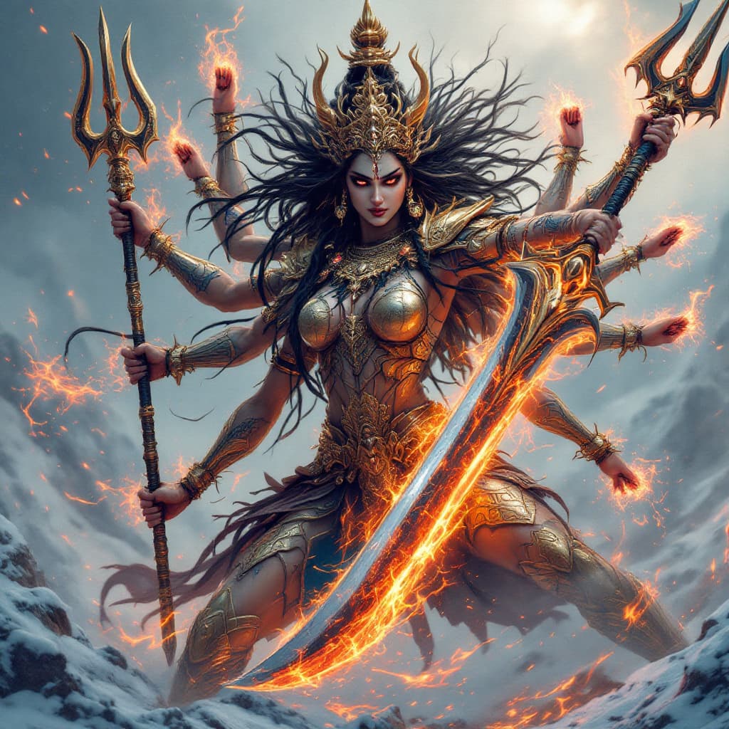 AI generated: "Create an ultra-realistic, full-body portrait of Devi Durga and Lord Shiva, locked in an epic battl...