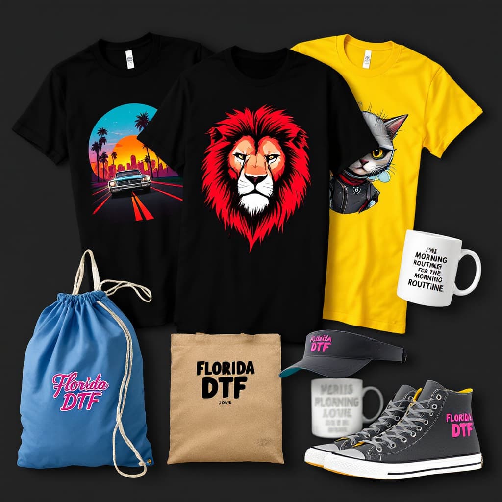 AI generated: Vibrant collection of apparel and accessories, featuring three graphic t-shirts on a black backgroun...