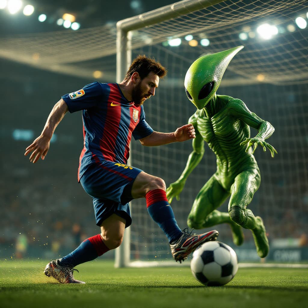 AI generated: Lionel Messi playing football and scoring a goal against a green martian with a classic green alien ...